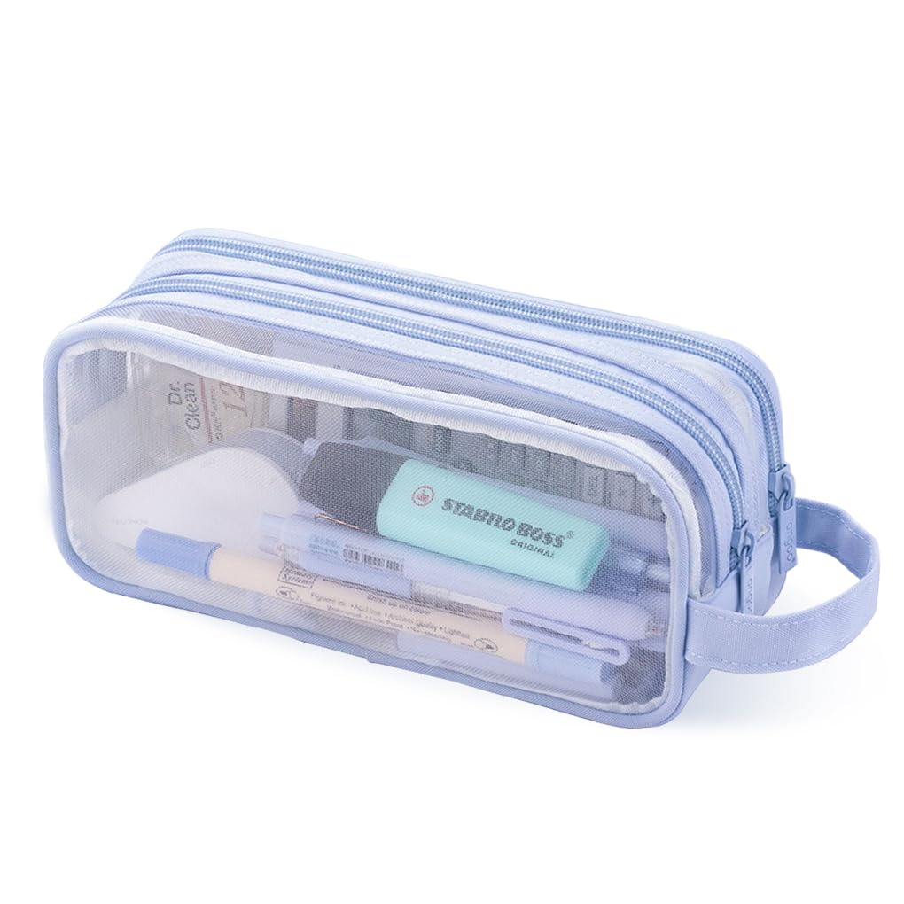 Oyachic 2 Compartment Pencil Case Clear Mesh Pen Pouch Grid Makeup Cosmetics Bag Transparent Marker Organizer Office Business Travel Adults (Blue)