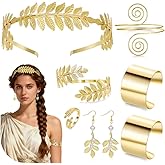 Masedy 8PCS Greek Goddess Costume Accessories Set for Women Grecian Golden Leaf Crown Headband Ring Halloween Costume Jewelry