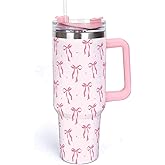 Whaline 30oz Pink Bow Tumbler with Handle Straw and Lid Travel Tumbler Coquette Bowknot Coffee Cup for Women Friend Holiday Birthday Party Home Office