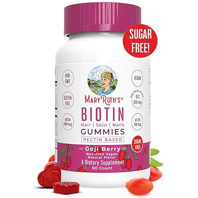 Vegan Biotin Gummy Vitamins 5000 mcg for Hair, Skin &amp; Nails by MaryRuth's- Vitamin B9, Methyl B12 &amp; Zinc - Non-GMO - Made w/ Organic Ingredients - Goji Berry Flavor - Pectin - Sugar &amp; Gluten Free 60ct