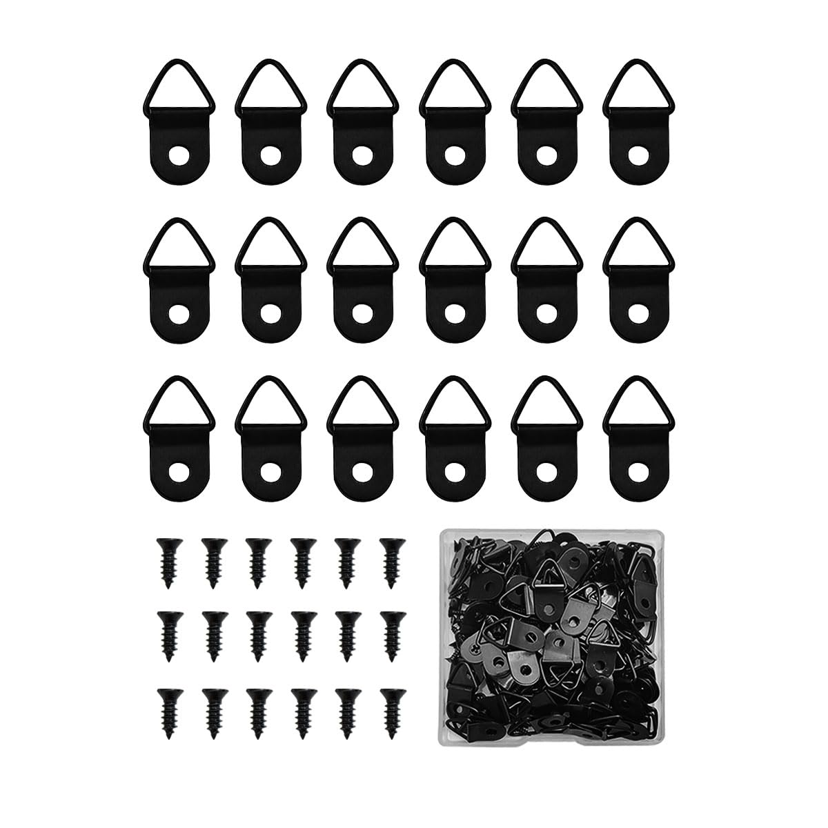 Photo 1 of 100 Pieces Small Triangle Ring Steel Picture Hangers with 100 Pieces Screws, Triangle Rings Picture Hangers, Small Single Hole D Hooks, Light Duty D Rings for Clock (Black)