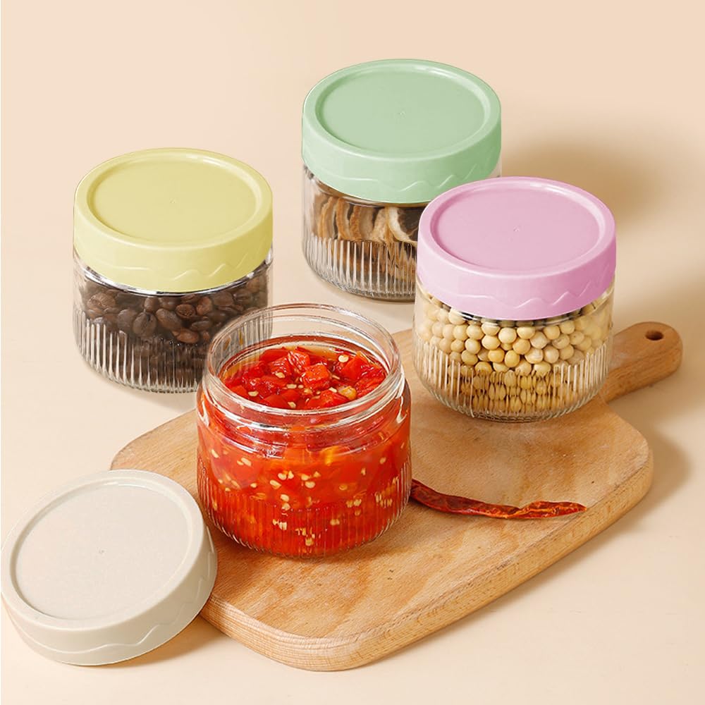 KITERI 4 Pack Overnight Oats Jars, 9oz Glass Jars with Screw Lid Glass Jam Jars Overnight Oats Container Jelly Jars Round Canning Jars Oatmeal Salad Jars Reusable Glass Jars for Yoghurt Spice