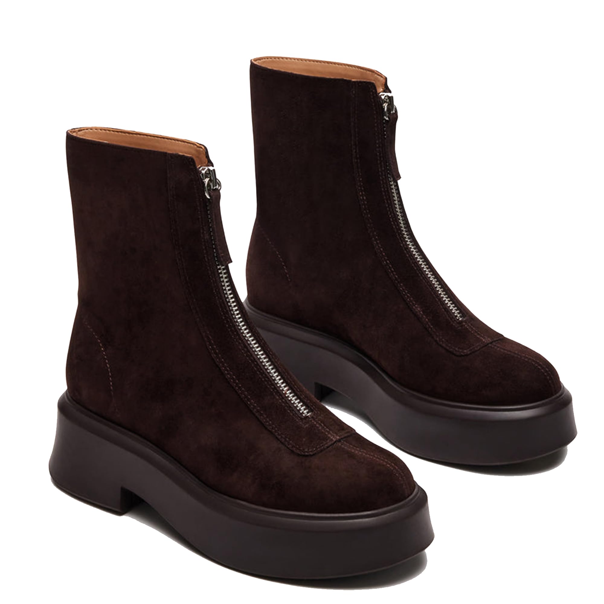Photo 1 of Riekhany Women Suede Platform Ankle Boots Round Toe Comfortable Chelsea Boots Casual Chunky Low Heel Short Boots with Front Zipper Chocolate 7W