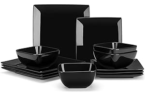 vancasso Soho Dinnerware Sets 12 Pieces, Black Stoneware Square Place Setting, Plates and Bowls Sets, Dinner Plate, Dishes Se