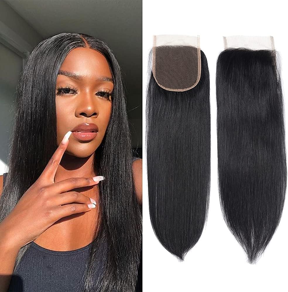 TOOCCI Straight Hair Lace Closure 4x4 Three Part Human Hair Brazilian Virgin 100% Unprocessed with Baby Hair Natural Color 16inch