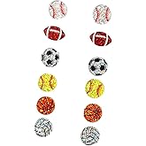 6Pairs Stackable Sport Glitter Acrylic Stud Earrings Set for Sport Lover Creative Shiny Colorful Basketball American Football Baseball Stud Earrings Jewelry for Women