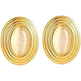 Gold Oval Stone Statement Earrings – Lightweight Drop Earrings for Women