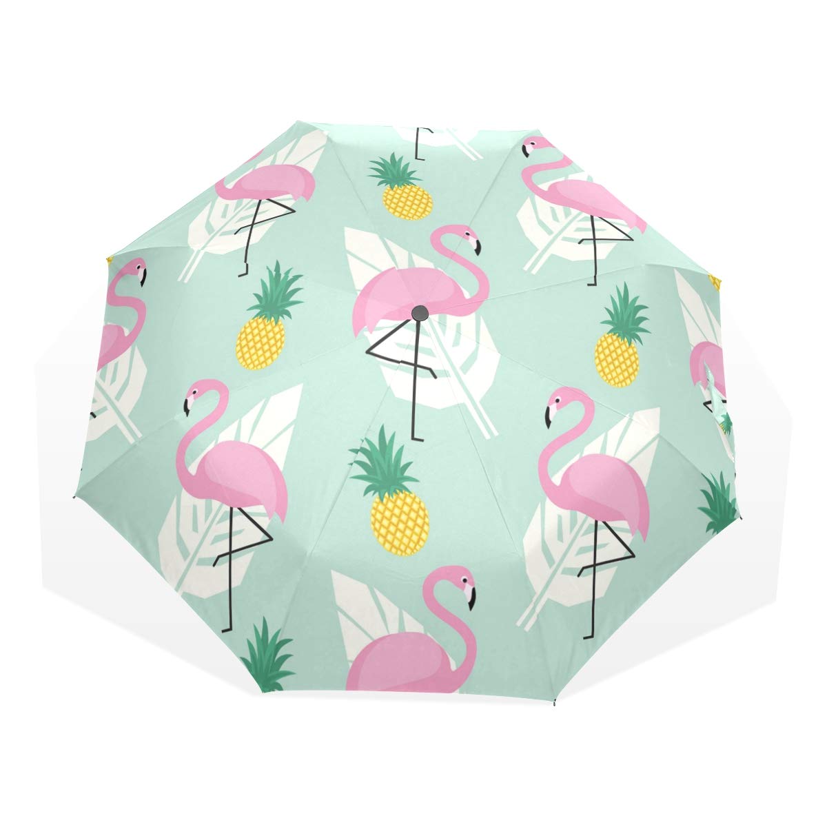 ISAOA Automatic Travel Umbrella Compact Folding Umbrella Pink Flamingos Pineapples and Palm Leaves Windproof Ultra Light UV Protection Umbrella for Women Men