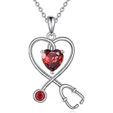 AINFQY Nurse Necklace for Women 925 Sterling Silver Stethoscope Pendant Necklace Heart Birthstone Jewelry Gift
