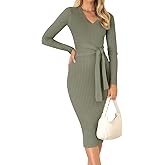 ZESICA Women's 2026 Spring Sweater Dress V Neck Long Sleeve Ribbed Knit Tie Waist Bodycon Slim Fit Midi Dresses