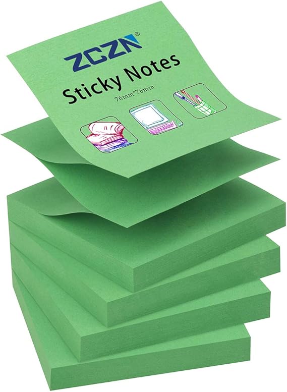 ZCZN Popup Sticky Notes 76 x 76 mm, 4 Pads Bright Colour SelfStick