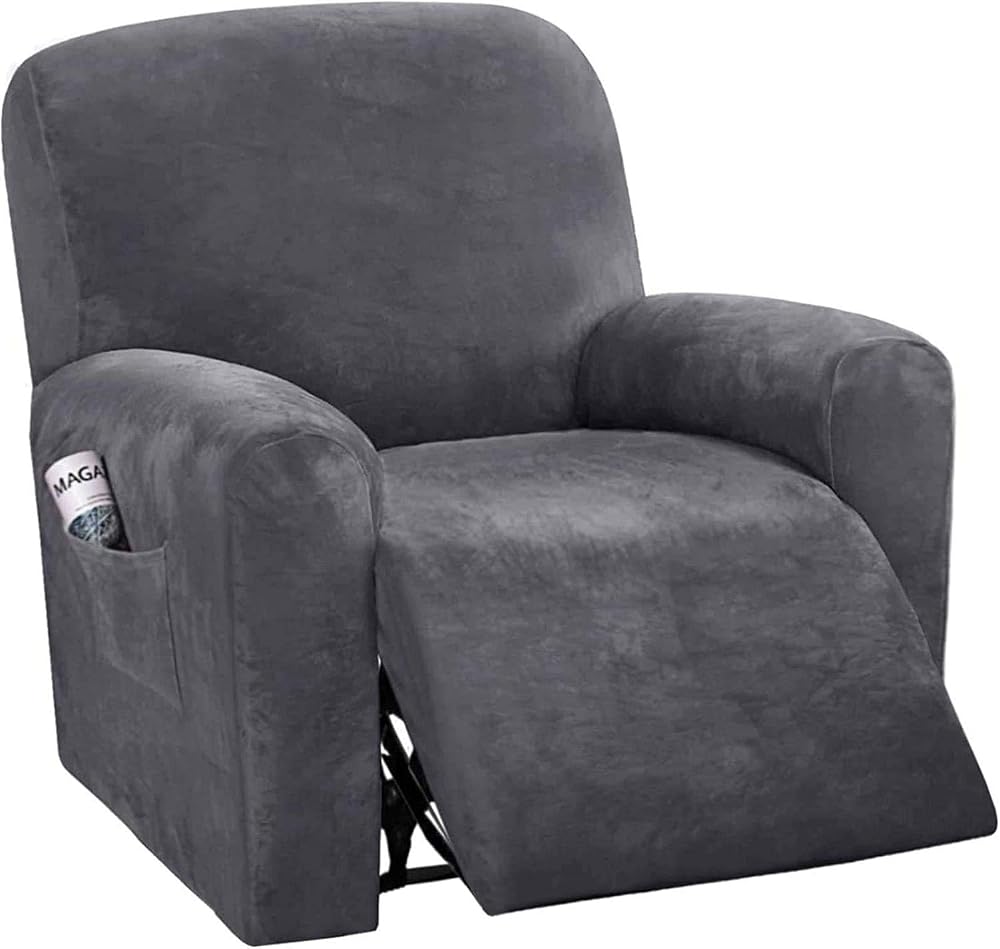 LINGKY Velvet Recliner Chair Covers 4-Piece Set with Side Pocket, Gray