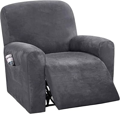 LINGKY Velvet Recliner Chair Covers 4-Piece Set with Side Pocket, Gray