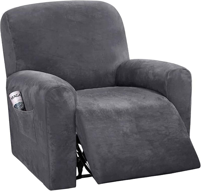LINGKY Velvet Recliner Chair Covers 4-Piece Set with Side Pocket, Gray