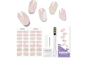DUKASOU Semi Cured Gel Nail Strips, 28pcs Real Nail Polish Art Stickers/Wraps with, Includes Prep Pads, Nail File & Wood Stick, Sticker Nails for Women Girls Kids DIY（Pink Gold)