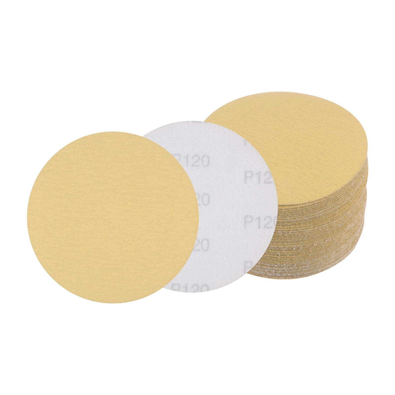 Kozelo 50pcs No Hole Sanding Discs- [ 5 Inch 120 Grit ] Round Hook and Loop Grip Sanding Pads Sheet Sandpaper for Automotive Woodworking Metal Polishing Use| Gold, Aluminum Oxide