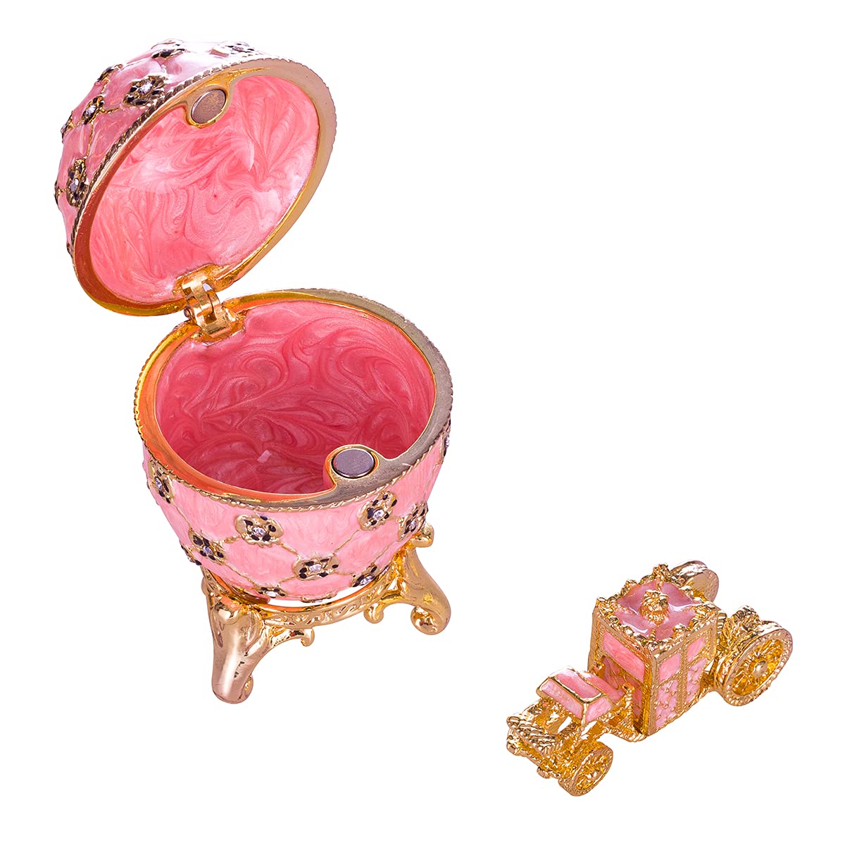 danila-souvenirs Glamorous Style Imperial Coronation Easter Egg Trinket Jewel Box with carriage 6,5 cm pink