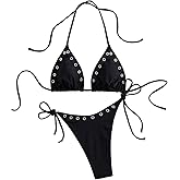 BEAUDRM Women's 2 Piece Sexy Micro Bikini Sets Grommet Eyelet Swimsuit Halter Triangle Tie Side Cheeky Bathing Suit