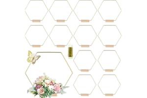 MJRASG 12 Pack Hexagonal Floral Hoops with Stand 18 Inch Metal Rings for DIY Centerpiece Table Decorations Crafts Macrame Ring Hoops Dream Catcher Rings Wedding Birthday Wreath Candle Rings Craft Hoops, Gold