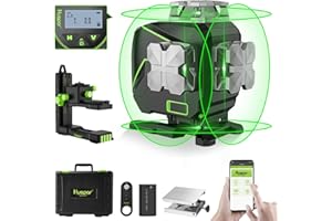 Huepar Laser Level 360 Self Leveling, 4x360° Green 4D Cross Line Laser with LCD Screen, Bluetooth Outdoor Pulse Mode Laser Tool for Construction -Remote Control, Li-ion Battery or 4 AA Batteries-S04CG