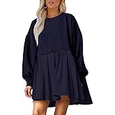 Dokuritu Sweatshirt Dress Women Crew Neck Long Sleeve Patchwork Pullover Tops Flowy Oversized Sweatshirt Mini Dress