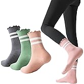 XIUYANG 3 Pairs Pilates Socks with Grips Non-slip Yoga Crew Sock Ruffle Striped Sock for Gym Hospital Sticky Slipper Socks