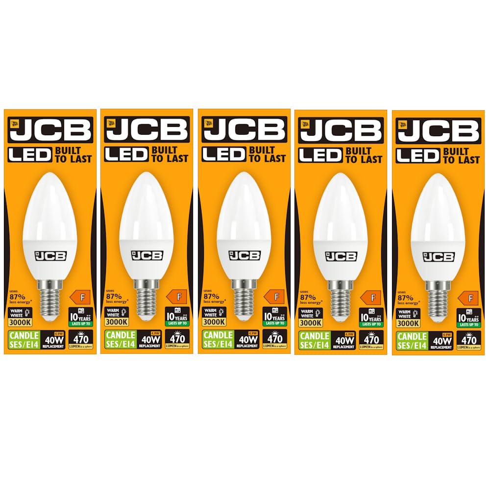 JCB 6w LED E14 Candle Bulbs Small Edison Screw, 40w Incandescent Bulb Equivalent, 470lm, Warm White 3000k, Non Dimmable, LED Small Edison Screw Candle Light Bulbs, 220-240v. Packs of 5 Units