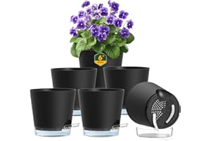Meowell 6 inch Self Watering Pots for Indoor Outdoor Plants, 6 Pack Flower Plant Pots with Drainage Holes and Clear Reservoirs, Visible Water Level, Plastic Planters with Wicking Rope, Black