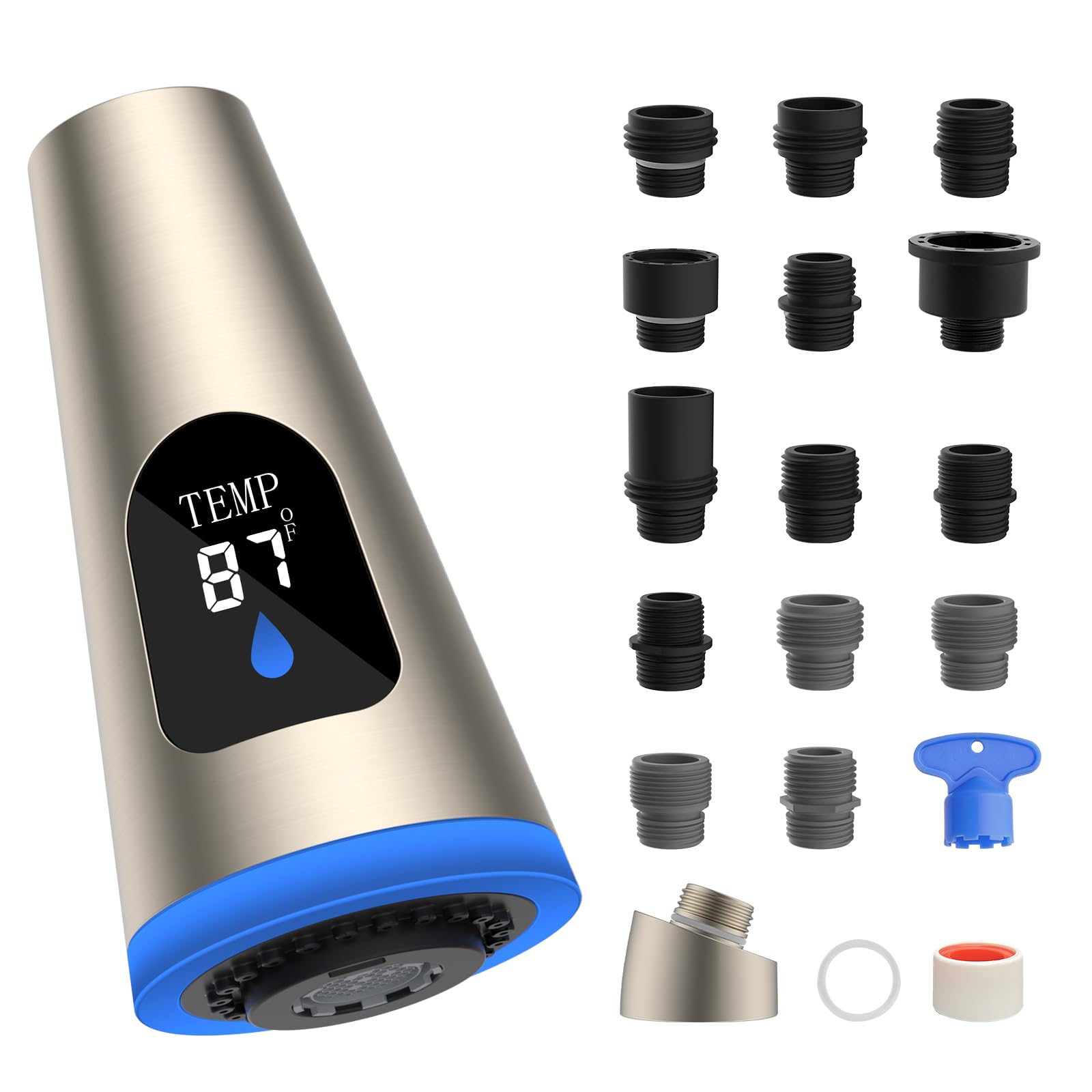 Photo 1 of Hibbent Pull Down Kitchen Faucet Head Replacement, 4 Function LED Temperature Display Sink Spray Nozzle with 15 Adapters, Compatible with Moen, American Standard, Delta, Kohler Faucets, Brushed Nickel