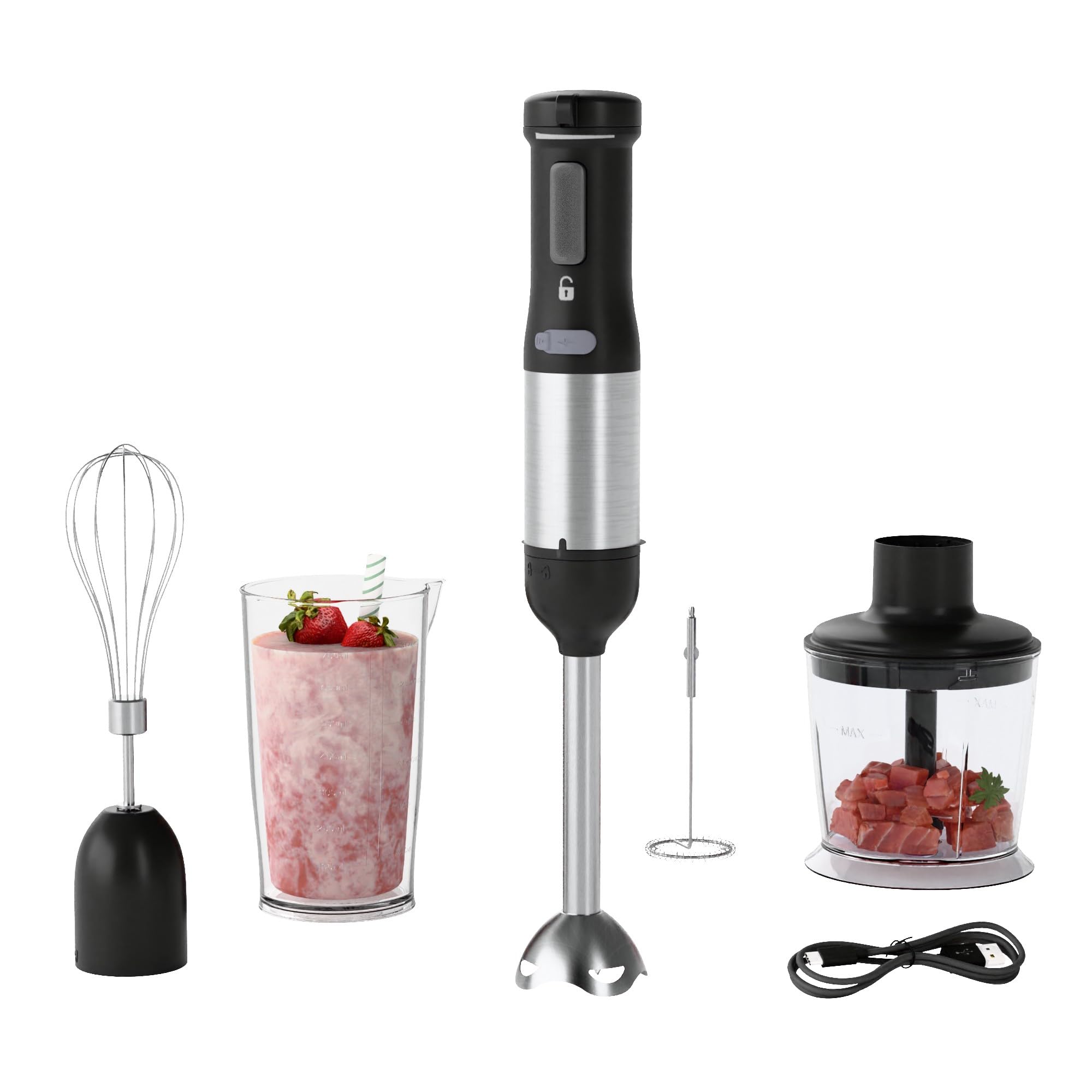 Photo 1 of WHUTO Cordless Immersion Hand Blender, 5-in-1 Variable Speed blender handheld,Rechargeable with 2000mAh Battery, BPA-Free & Dishwasher-Safe Accessories:700ml Beaker,Chopper,Whisk & Milk Frother,Black
