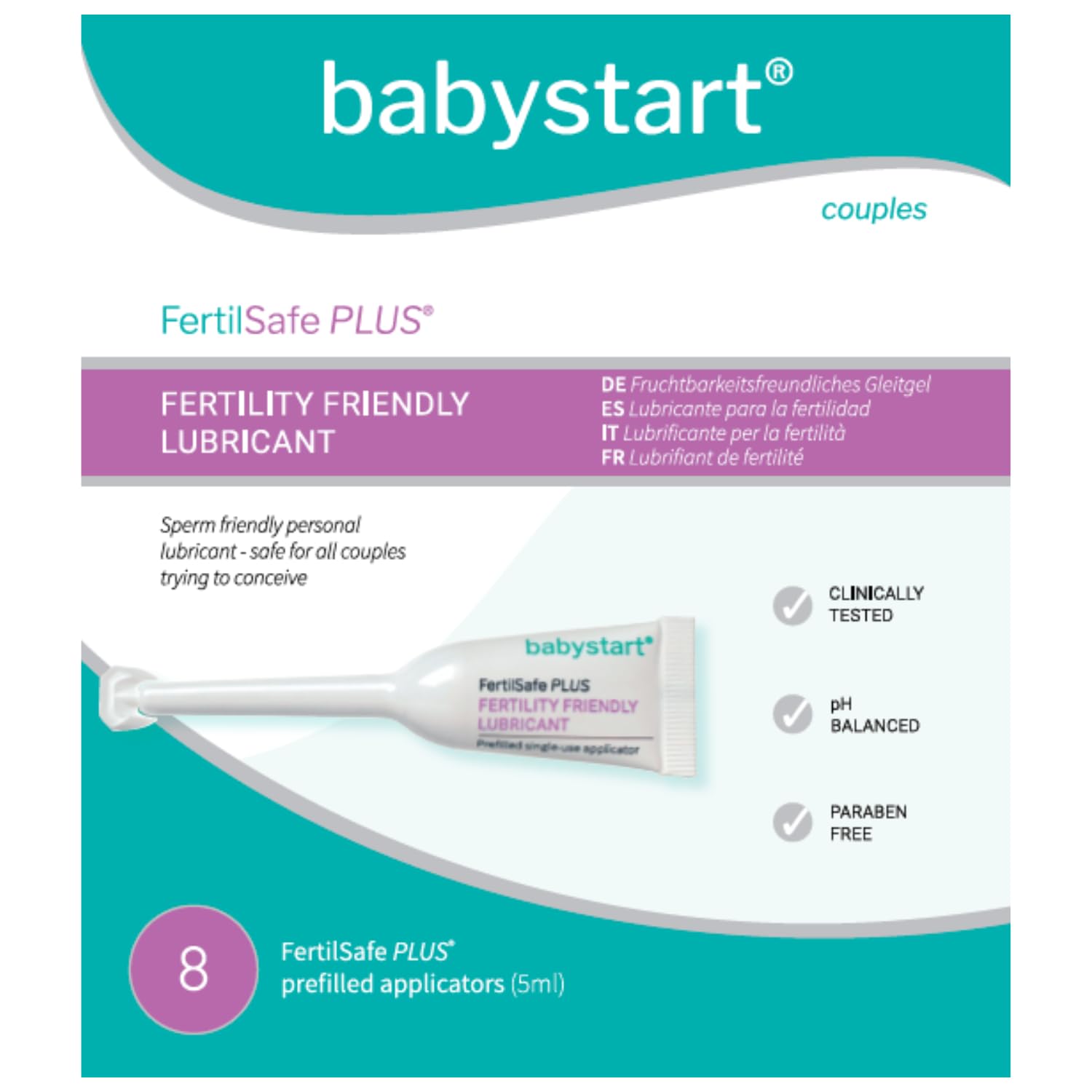 Babystart Fertility Lubricant - FertilSafe Plus 8 x 5ml Pre-Filled Lubricating Gel Tube - Natural, Water Based Lubrification, Personal Fertile Friendly Lubricant for Couples Trying for a Baby
