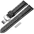 iStrap Leather Watch Band -Alligator Grain Embossed Pattern Calfskin Replacement Strap-Stainless Steel Deployment Buckle with Push Buttons-Bracelet for Men Women-18mm 19mm 20mm 21mm 22mm 24mm