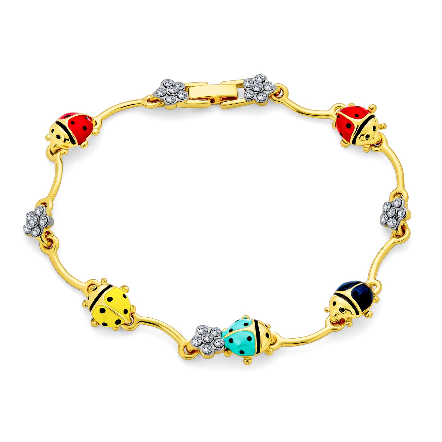 Bling Jewelry Colorful Good Luck Garden Lucky Ladybug Link Charm Bracelet For Women Crystal Gold Plated Brass