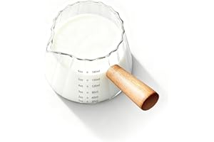 YARRAMATE Glass Measuring Cup with Wooden Handle – Espresso Shot Cups, Ribbed Milk Frothing Pitcher, Dual Scale Markings，V-Sh