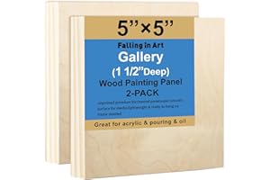 Falling in Art 2 Pack Unfinished Wooden Canvas Panels, 5x5 Gallery Birch Wood Panels Kit, 1 1/2" Deep Art Cradle Boards for Acrylic Painting, Pouring and Burning