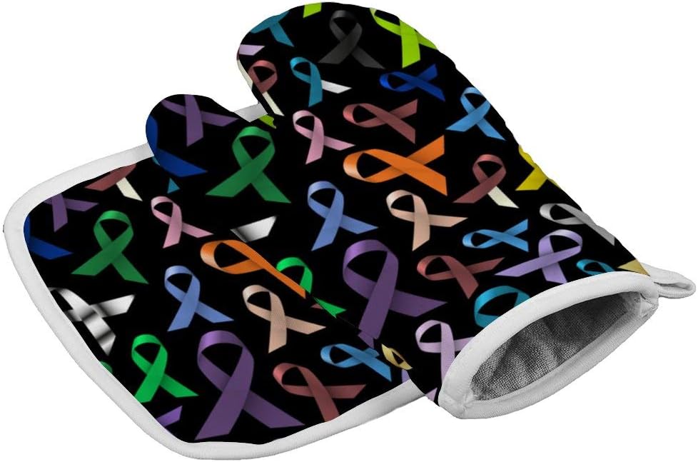 QSMX Oven Mitts and Pot Holders, Heat Resistant Kitchen Aid Set of 2 for Finger Hand Wrist Protection with Inner Lining, Kitchen Gloves for BBQ Cooking Baking Grilling - Cancer Awareness Ribbon