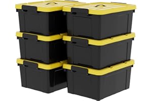 Cetomo 40Qt*6 Plastic Storage Bins, Tote Storage Box with Handle, Stackable, Black and Yellow, 40Quart-6 Pack
