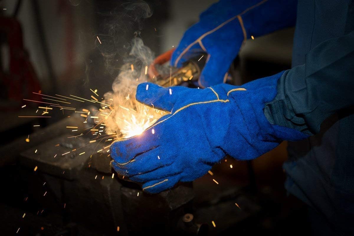 DEKO Welding Gloves 14 inch Leather Forge Heat Resistant Blue Welding Glove for Mig, Tig Welder, Furnace, Fireplace and More (Blue), Camping, Stove, BBQ - - 