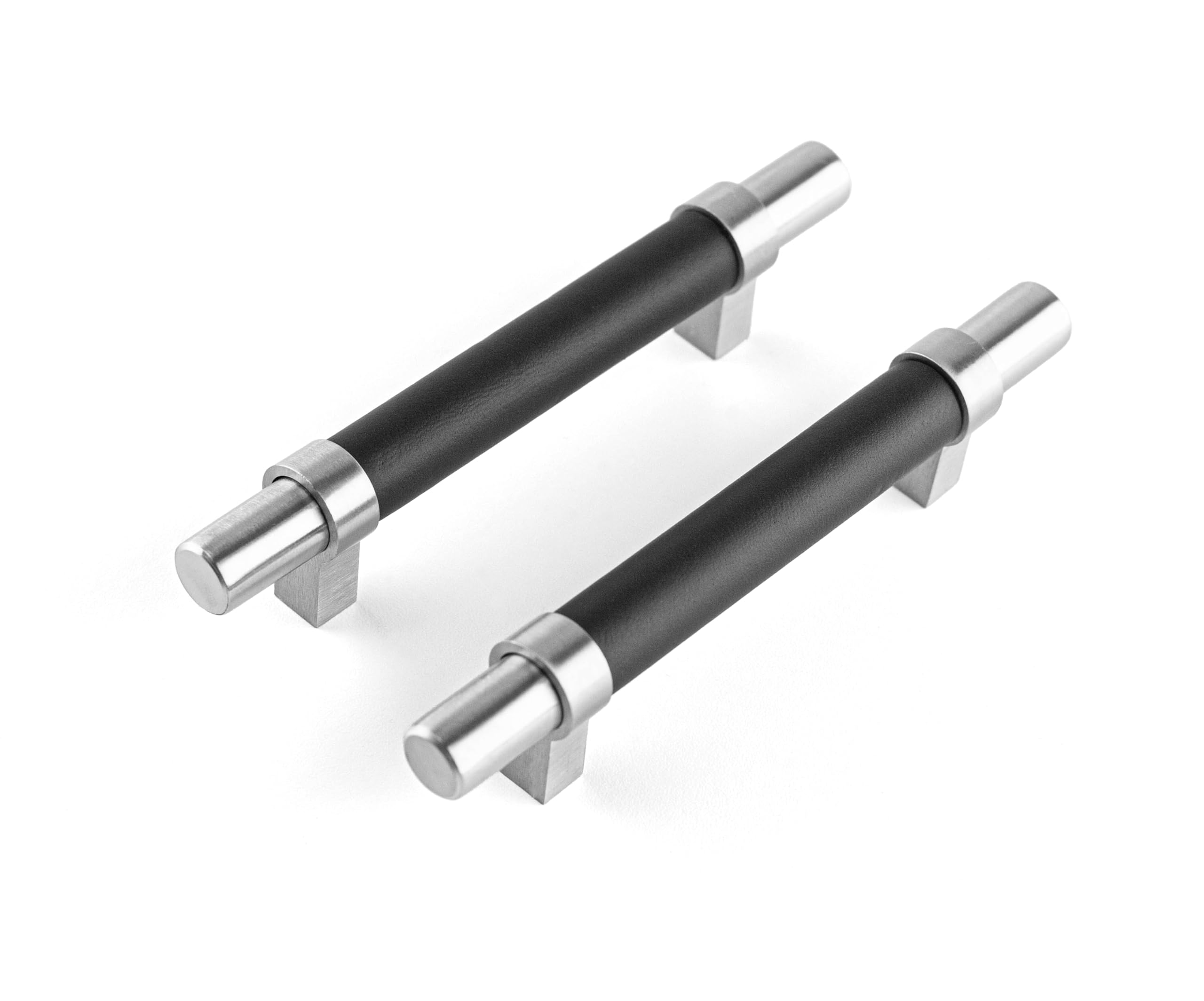 Brute Strength - Furniture Handles - Steel & Full Grain Leather - 96mm Hole Spacing - Silver & Black - Pack of 4 - Cabinet Handle Door Handle for Kitchen, Bathroom, Cabinets, Dresser, Wood