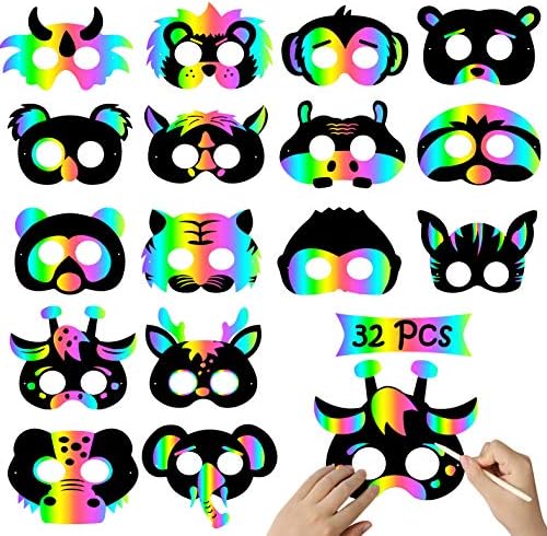 WATINC 32Pcs Scratch Paper Animal Masks, DIY Rainbow Coloration Masks for Magic Scratch Occasion Favors, Birthday Presents Pack for Youngsters, DIY Artwork Craft Package for Youngsters, 16 Types with Elastic Bands &Wooden Stylus