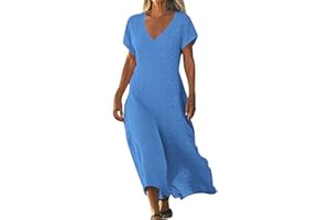 Frostluinai Eyelet Dresses for Women Summer Short Sleeve V Neck Maxi Dress Loose Comfy Flowy Swing Beach Sundress