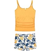 Mirawise Gilrs Swimsuit Tankini 2 Piece Bathing Suit V-Neck Cutout Tropical Print Swimwear for Teen Girls for 6-13Y