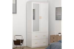 ECACAD Wardrobe Closet Armoire with 2 Doors, Mirror & Hanging Rod, Tall Wooden Clothes Storage Cabinet with 2 Drawers & 4-Tier Storage Shelves for Bedroom, White (31.5" W x 18.9" D x 72" H)