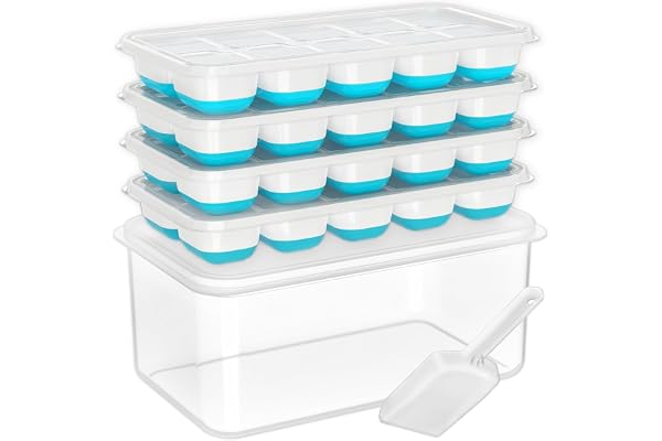 DOQAUS Ice Cube Tray with Lid and Bin - 4 Pack Silicone Ice Cube Trays for Freezer, Stackable Ice Bucket Kits with Storage Co