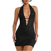 SweatyRocks Women's Sexy Deep V Neck Lace Halter Mini Dress Open Back Bodycon Club Dresses Rave Outfits