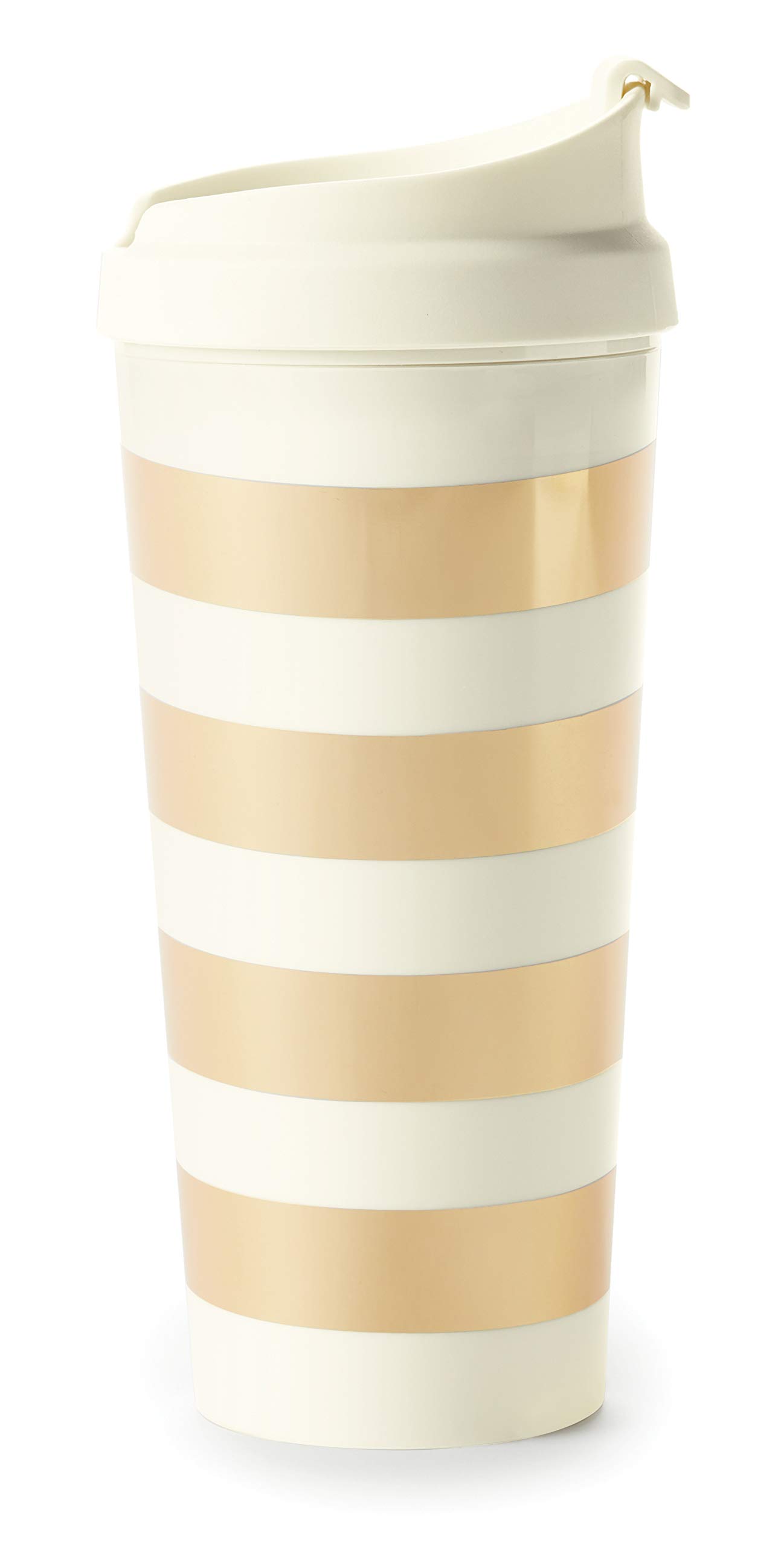 Kate Spade New York Thermal Travel Coffee Mug Tumbler, 16 Ounces, Gold Stripe