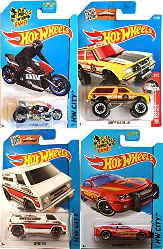 Hot Wheels Motorcycle Chevy Blazer Police Cycle 4 vehicle set Camaro SS &amp; Super Van Fire Chief Canyon Carver Cycle #48 4x4 #213 2016 HW Rescue