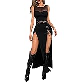GothDark Womens Sexy Bodycon High Slit Dress Mesh Detail Gothic Y2K Midi Dress Formal Club Party Outfit Halloween Dresses