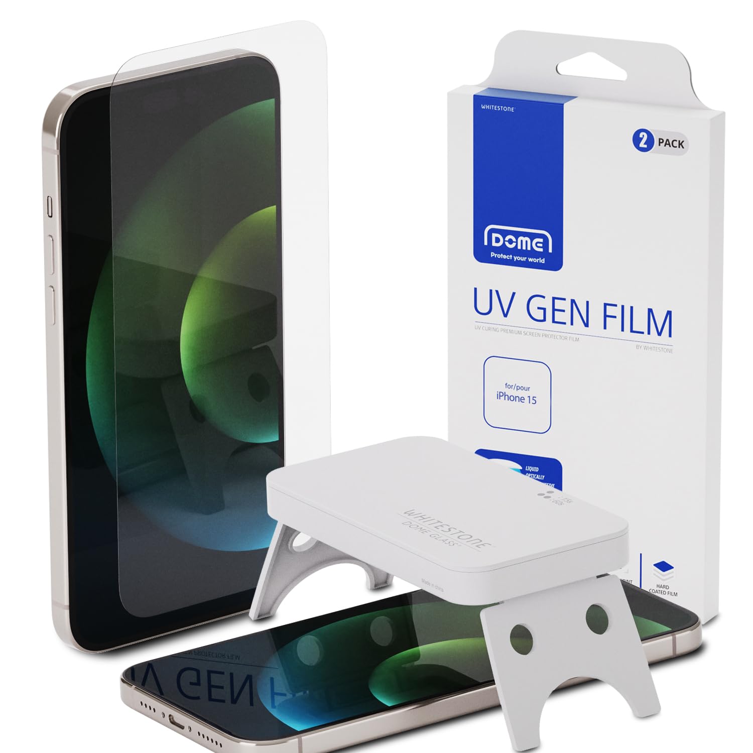 DOME GLASS Whitestone UV GEN Film Screen Protector compatible for iPhone 15 [2pack] Hard Coated Film Screen Protector with UV light