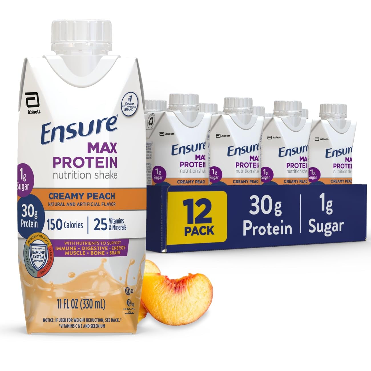 Ensure Max Protein Creamy Peach Shake, 30g High Protein, 12 Pack